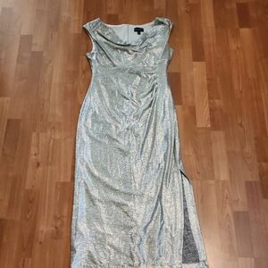 connected apparel Silver Metallic Cowl Neck Maxi Dress